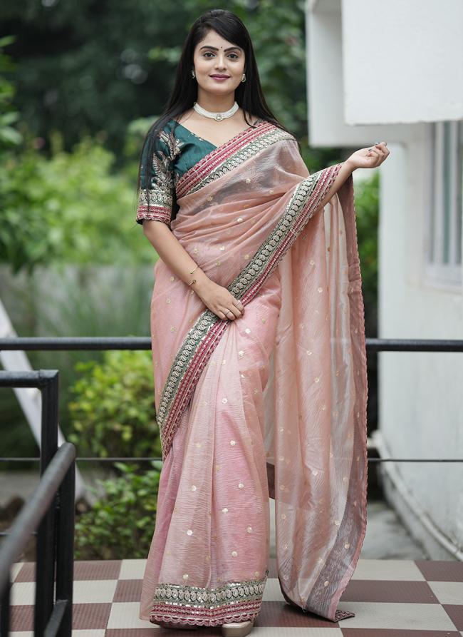 Banarasi Crush Peach Party Wear Sequins Work Saree